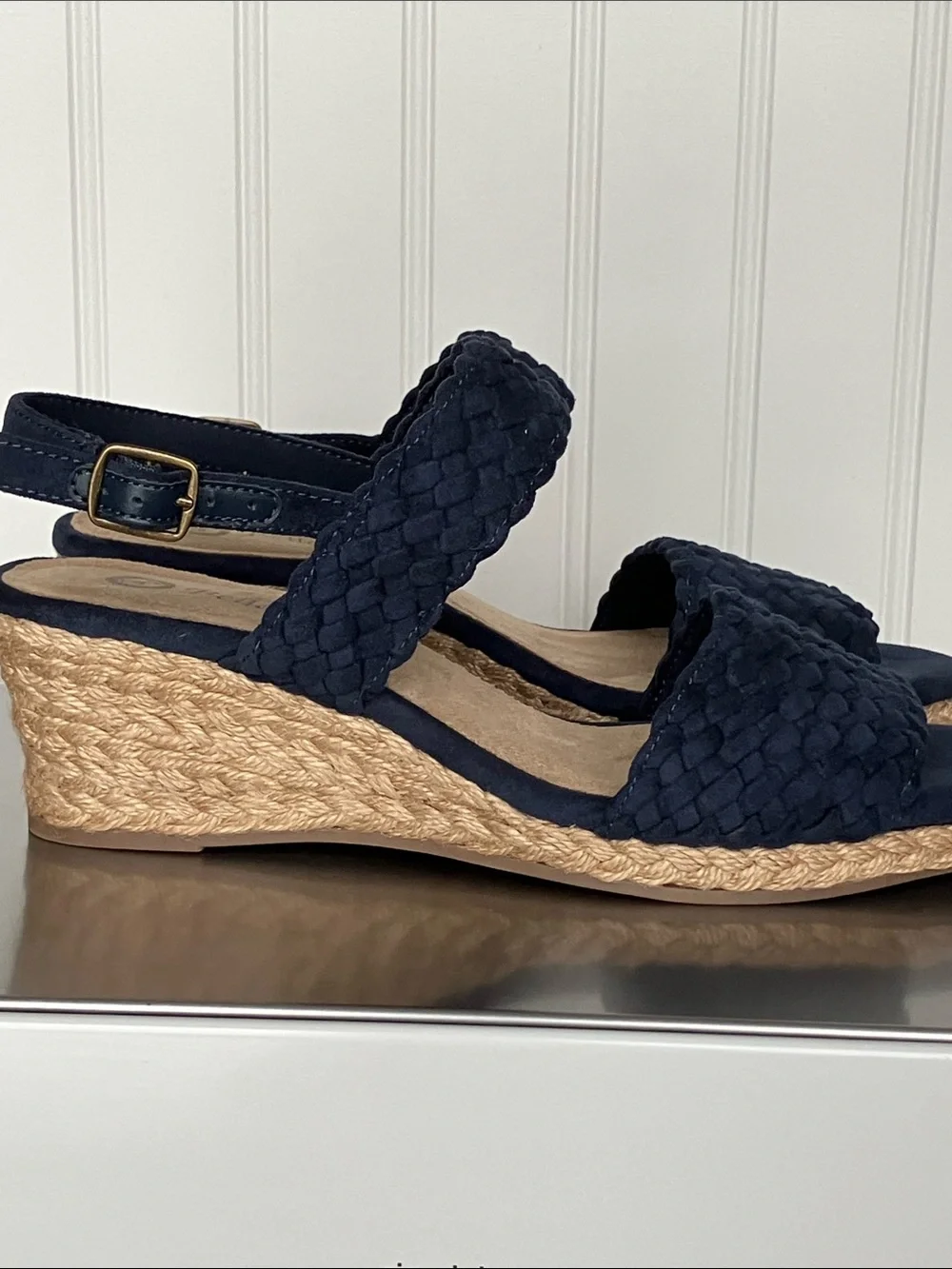 Bella Vita Mariella Navy Woven Espadrille Wedge Slingback Sandals 7.5M
